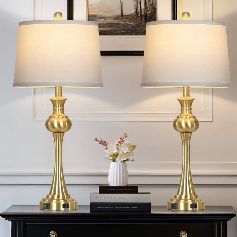 Modern Brass Table Lamps with Touch Control & Charging Ports, Set of 2 - 13'' x 13'' x 28.75''