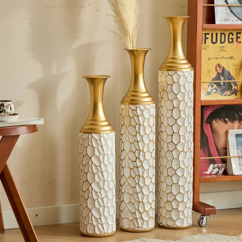Decorated Floor Glazed Metal Vases (Set of 3)
