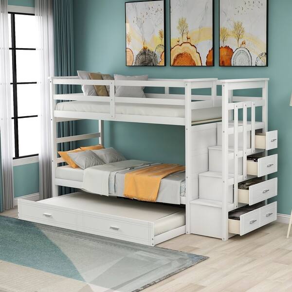 slide 2 of 27, Twin over Twin Wood Bunk Bed with Trundle and Storage Staircase White