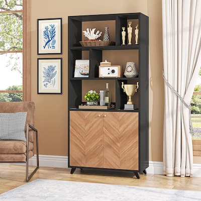 Bookshelf with Doors, Wooden Bookcase with Cabinet for Home Office