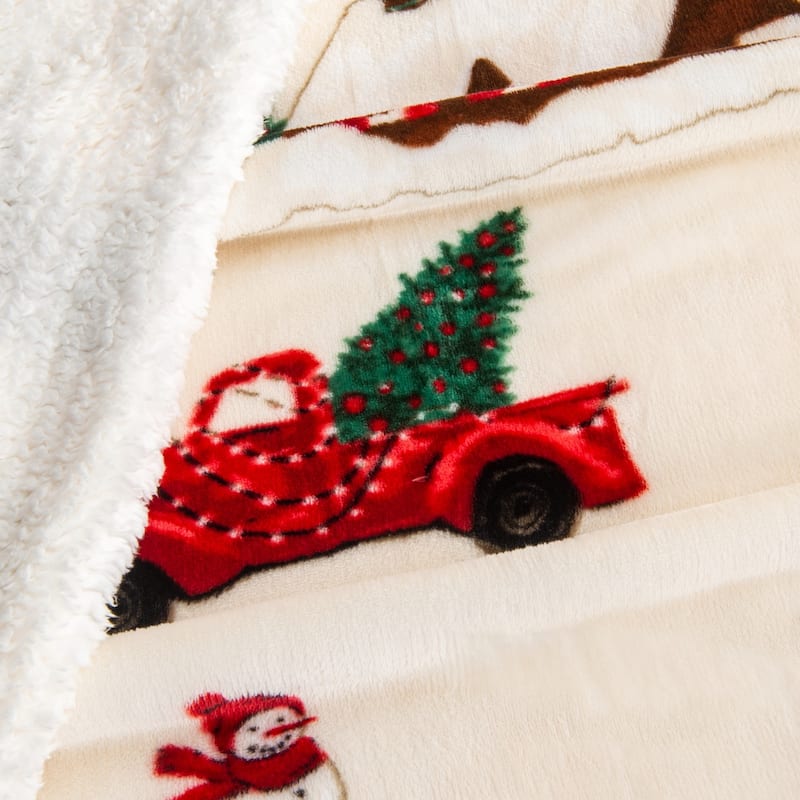 Linery & Co. Velvet Plush Fleece Reversible Sherpa Holiday Printed Throw.