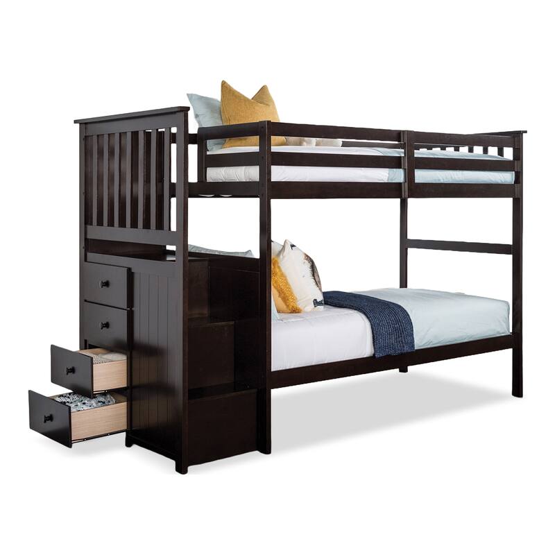 Furniture of America Sorvyn Solid Wood Espresso Twin Over Twin Bunk Bed with Access Steps