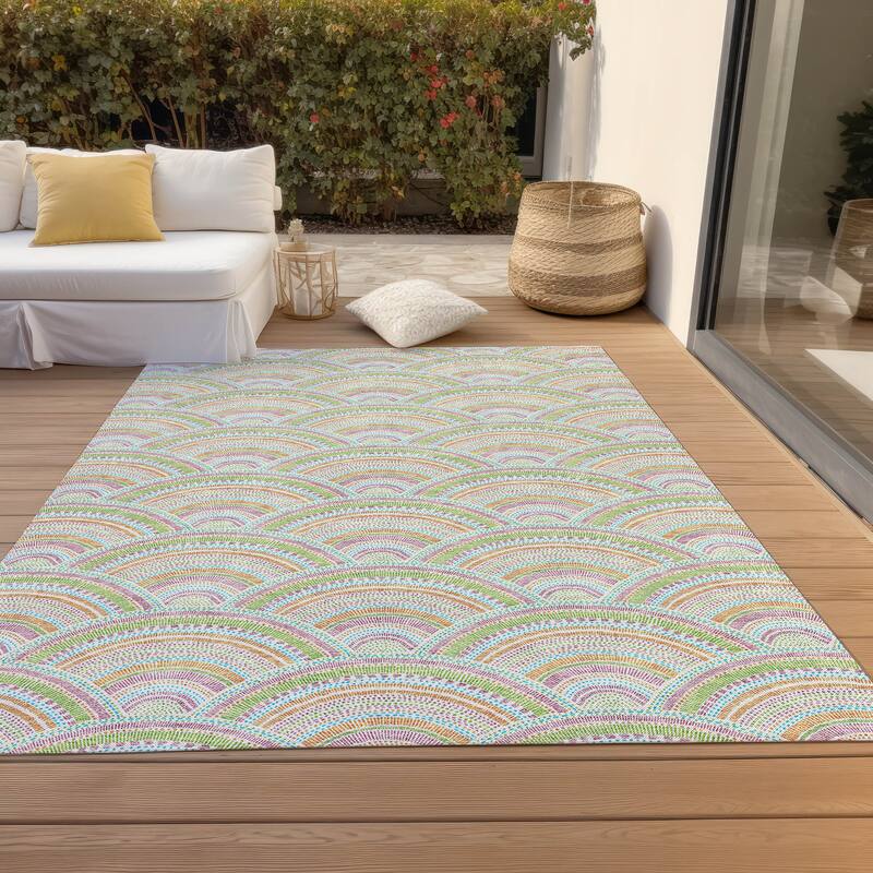 Machine Washable Indoor/ Outdoor Modern Mosaic Chantille Rug - Pearl - 9' x 12'