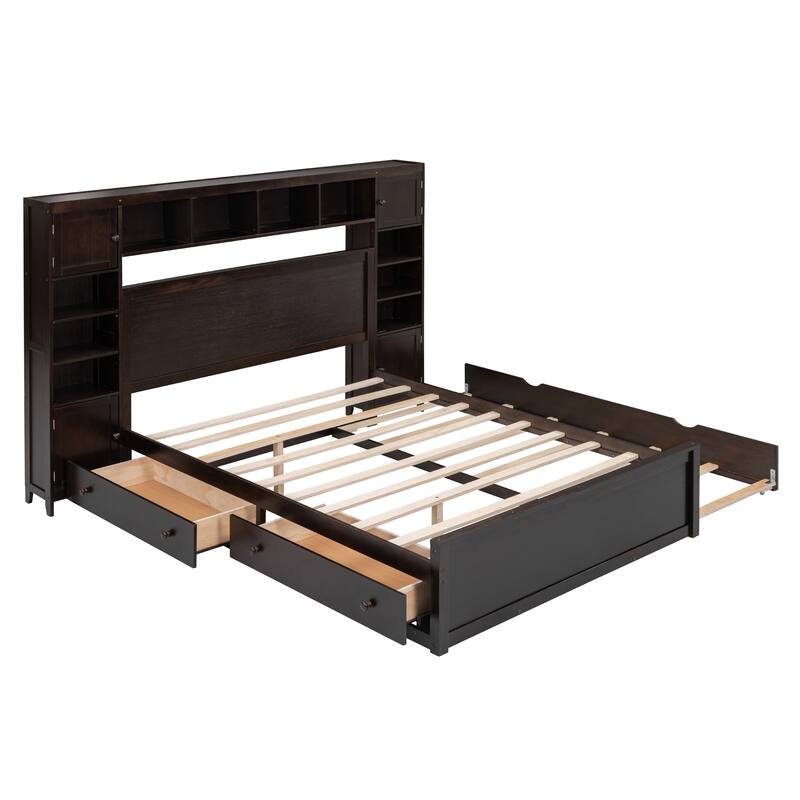 Solid Wood Storage Bed Frame with Twin Size Trundle & 2 Drawers, Wooden Platform Bed All-in-One Panel Bed Set with Cabinets
