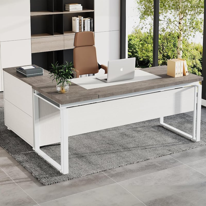 63" L-Shaped Executive Desk Reversible File Cabinet Combo, Office Computer Desk Set with Storage Drawers