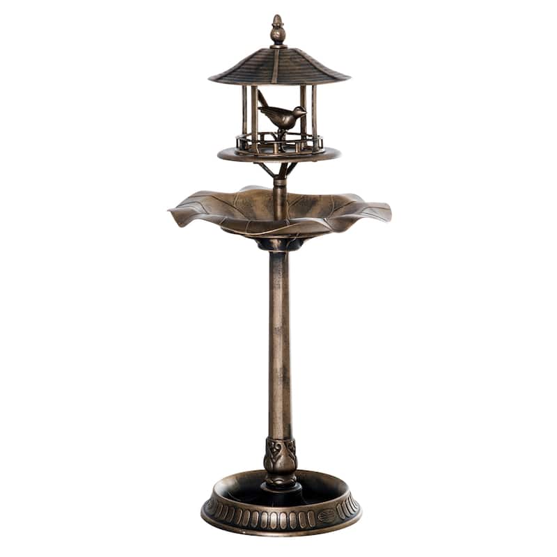 Outsunny 3-in-1 Resin Free Standing Garden Pedestal Bird Bath Bowl Feeder Planter - Bronze - Gold