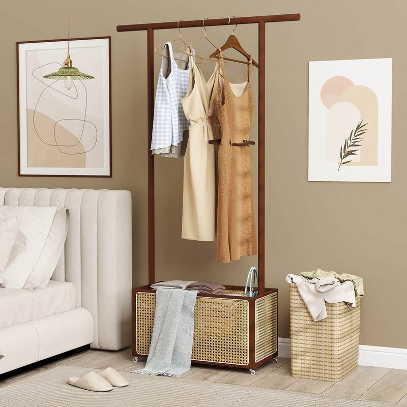 Costway Bamboo Clothes Rack with Rattan Storage Basket & Wheels, - See Details
