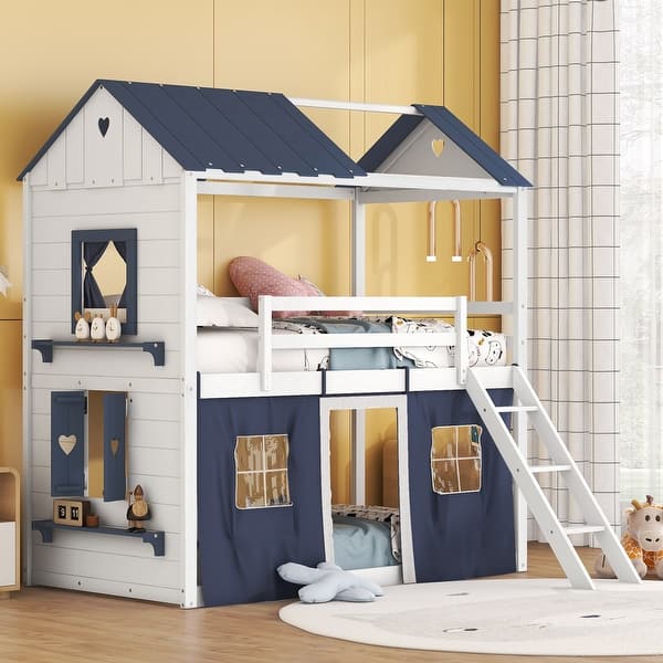 slide 2 of 16, House Bunk Wood Bed with Elegant Windows, Sills and Tent, White Blue