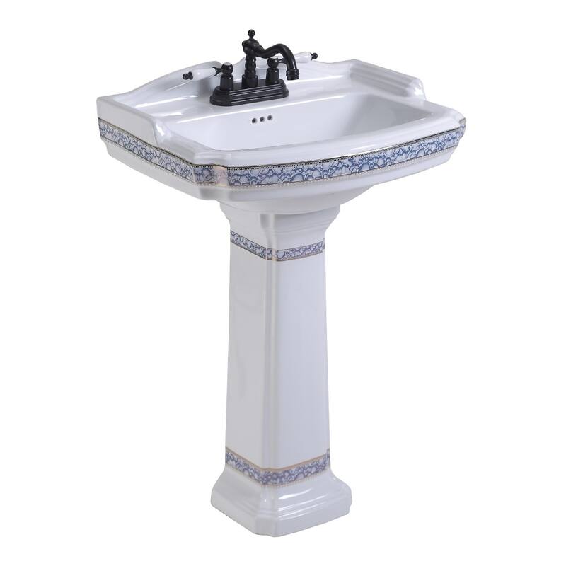 Decorative White Blue and Gold Bathroom Pedestal Sinks, 4" Centerset Faucet Holes
