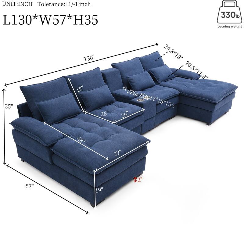 U-shaped Sectional Sofa with Chaise, Built-in Storage Console and Cup Holders, Linen Double-Layer Cushioning Lounge Couch