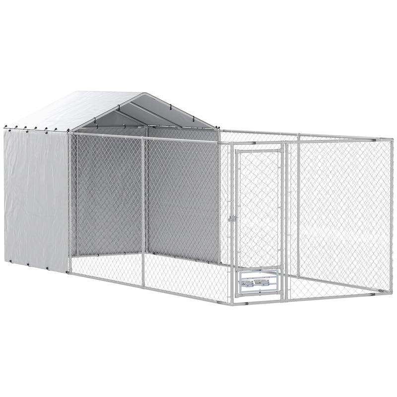 PawHut Large Outdoor Dog Kennel, Heavy Duty Dog Kennel Outside with Waterproof & UV-Resistant Cover, Rotating Bowls Door - Silver