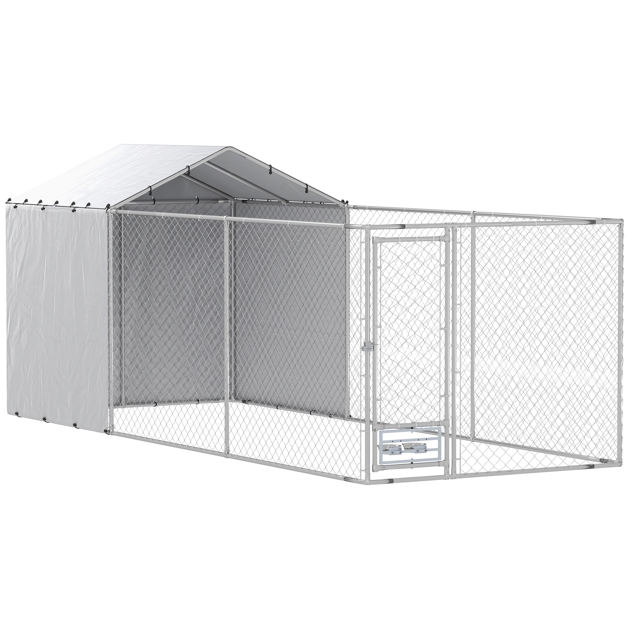 PawHut Large Outdoor Dog Kennel, Heavy Duty Dog Kennel Outside with Waterproof & UV-Resistant Cover, Rotating Bowls Door