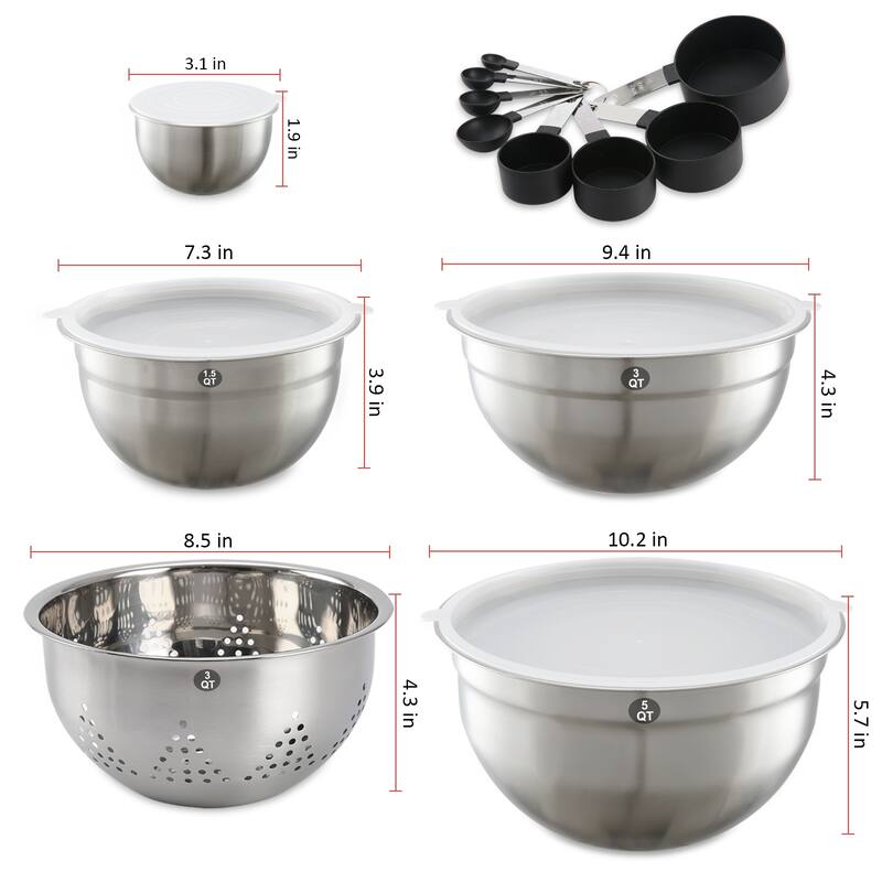 23pcs Stainless Steel Mixing Bowl Set with Airtight Lids 1.5QT 3QT 5QT