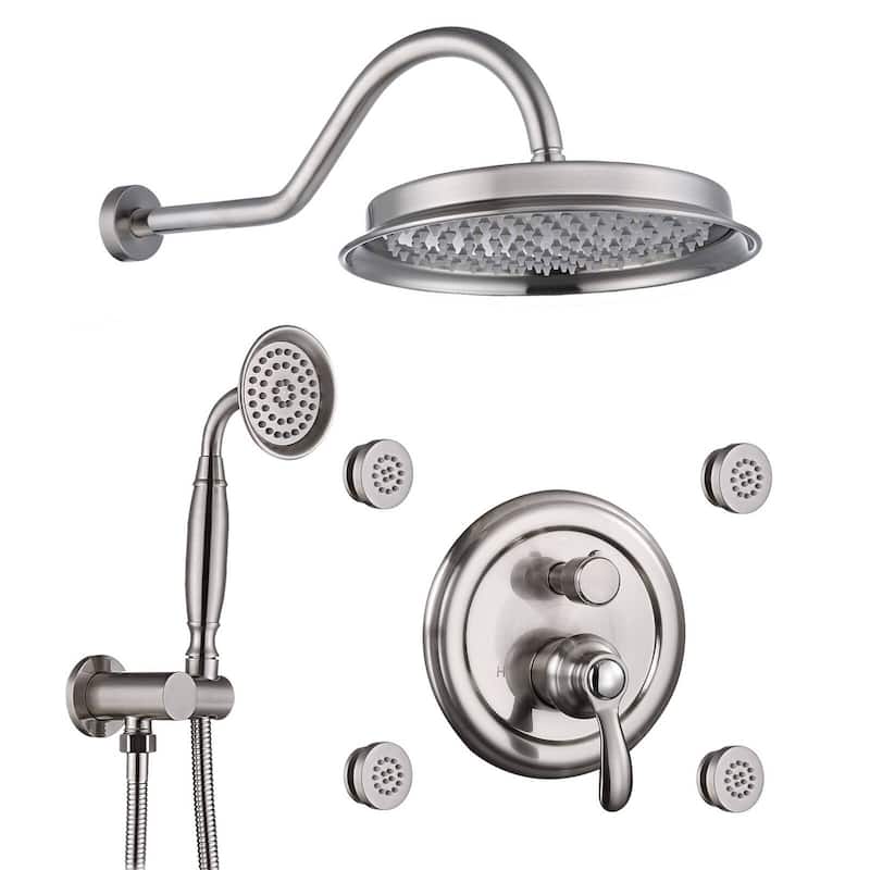 YASINU Antique Shower Faucet-Sets Fixtures, 9 inch Wall Rain Head with Handheld Spray and Body Jets - Brushed Nickel