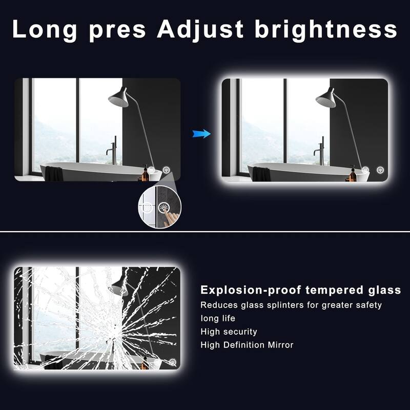 GDFStudio - Meridian Modern Rectangular Backlit Bathroom Wall Mirror, Adjustable LED Lighted, Memory & Aniti-Fog Function