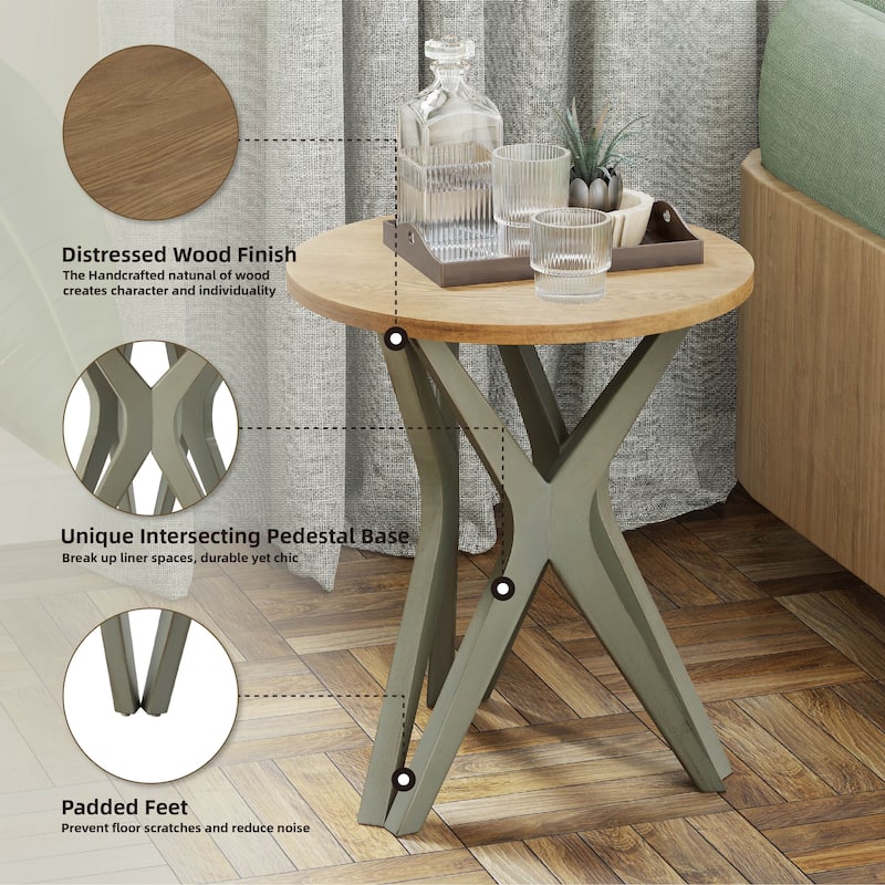 COZAYH Pedestal Farmhouse End Table, Distressed Top with Base for Modern Farmhouse, Boho Decor, Round
