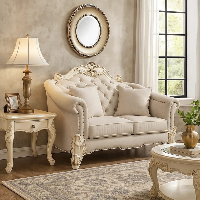 Antoine Loveseat, 4 Pillows, Ivory Fabric Antique Pearl Wood, 66 Inch