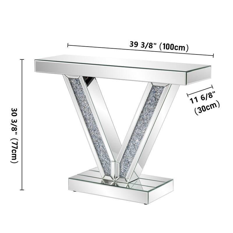 V-Shaped Frame Mirrored Console Table With Sparkling Crystal Accents
