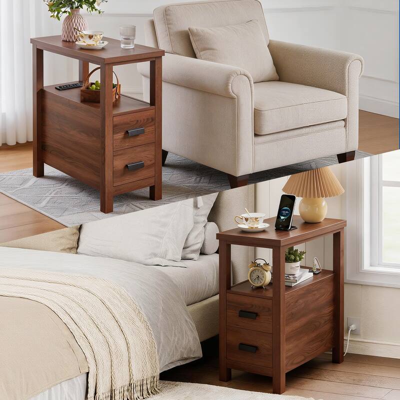 End Table with Charging Station,Side Tables with USB Ports & Outlets,Side Table with 2 Drawers, Small Wood Bedside Table - Walnut