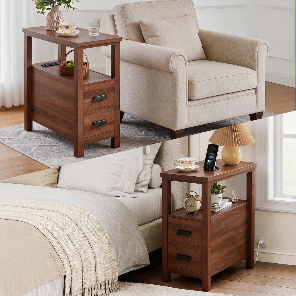 End Table with Charging Station,Side Tables with USB Ports & Outlets,Side Table with 2 Drawers, Small Wood Bedside Table