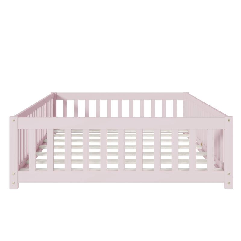 Full Size Rubber Wood Floor Bed with Safety Fence, Pink