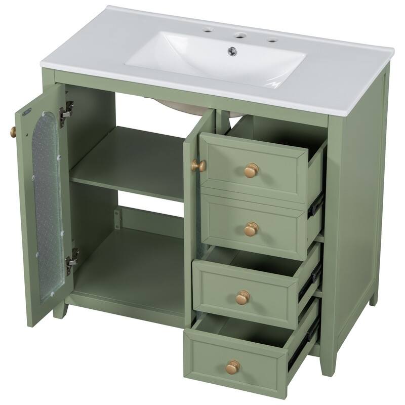 30''/36'' Bathroom Vanity with Sink, 3 Drawers Bathroom Storage Cabinet with Soft-Close Glass Door and Adjustable Shelf