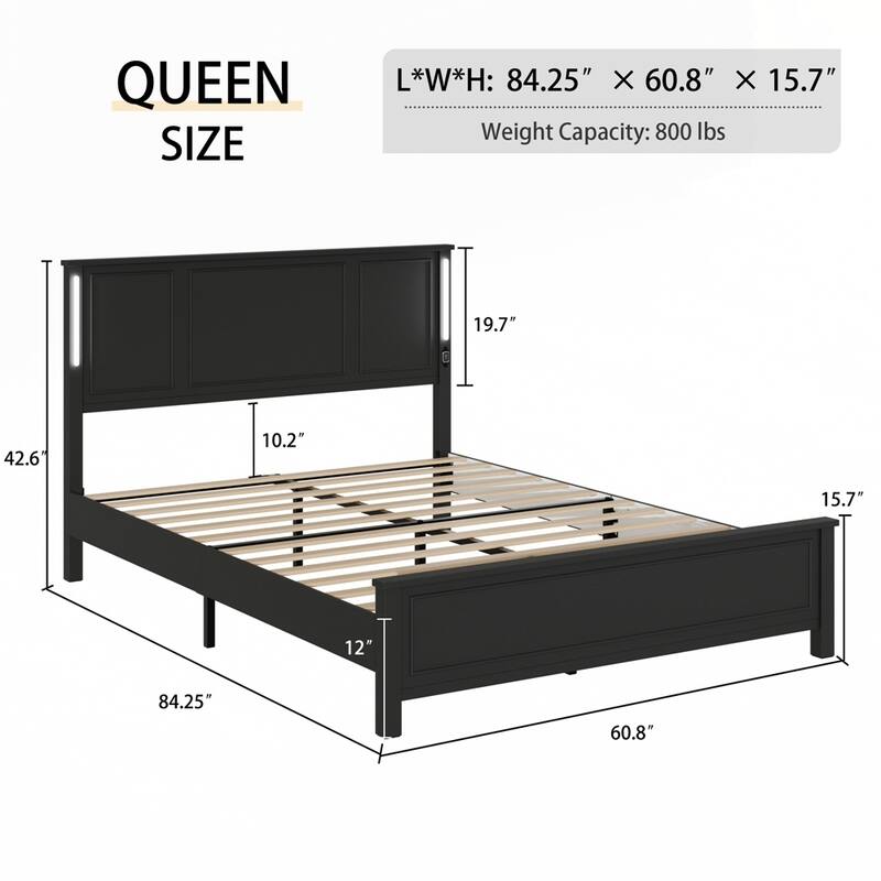 Platform Bed Frame with Wood Headboard and Footboard,Charging Station and LED Lights