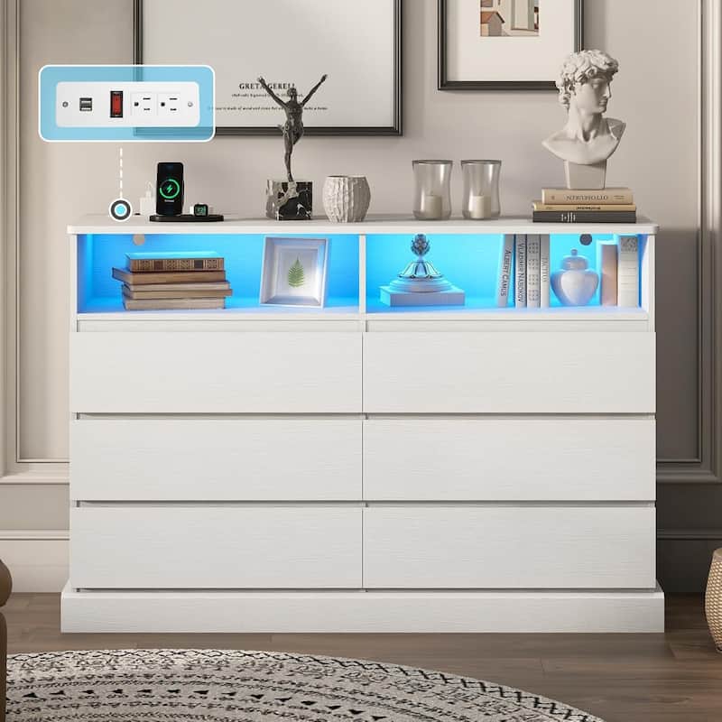 Bedroom Dresser Charging Station Storage Drawers Chest of Drawers - White - 6-drawer