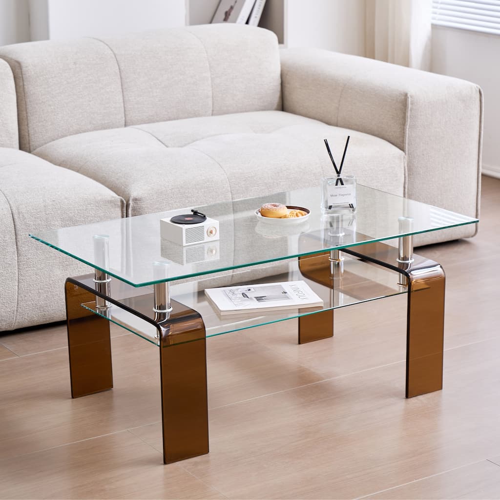 Tempered Glass Coffee Table, Modern Glass Coffee Table for Living Room, 2-Tier Storage Center Coffee Table with Brown Le