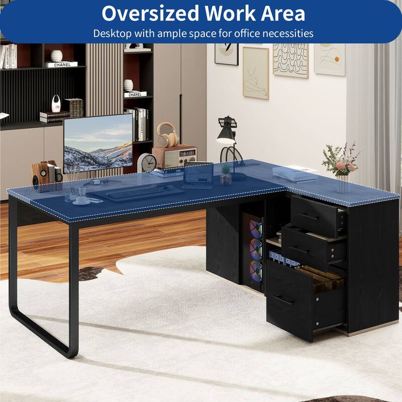 Moasis 70" Executive Desk w/ USB Port & Power Outlets, L Shaped Computer Desk with Storage Cabinet