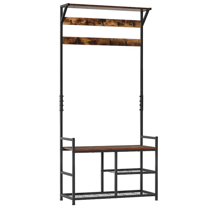 HOMCOM Hallway Tree Bench Organizer with 9 Coat Hooks, Large Sitting Bench and 3 Open Shelves for Entryway