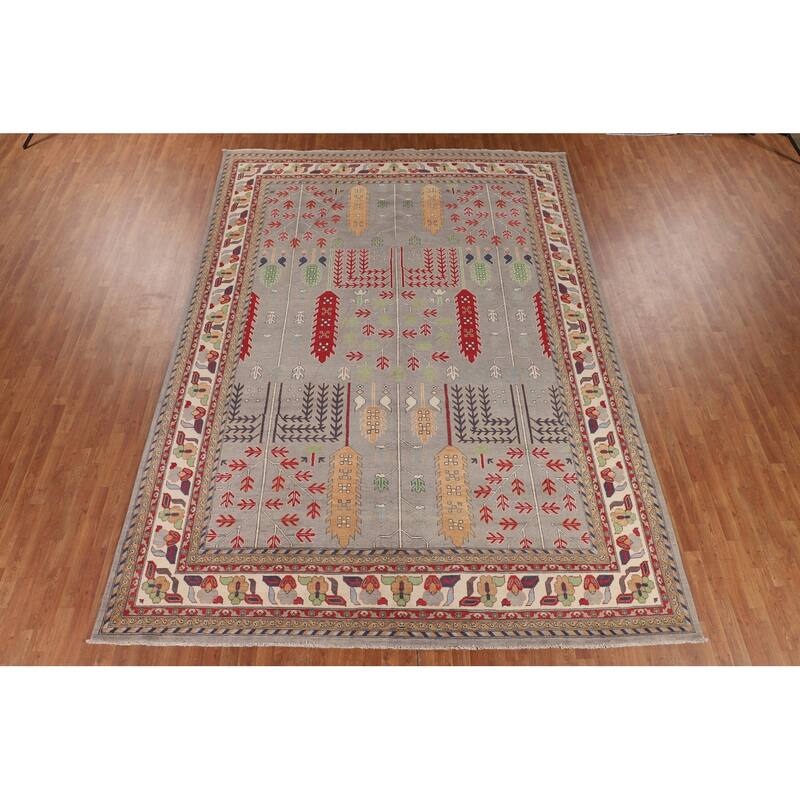 Grey Traditional Kazak Rug Hand-Knotted Wool Carpet - 9'7" x 13'2"