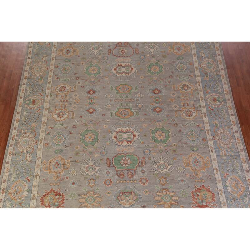 Hand Knotted Oriental 100% Wool Carpet Transitional All-Over Greys & Charcoal Oushak Area Rug - 13' 4'' X 9' 11''