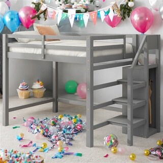 White Full Size Loft Bed with Storage Wardrobe & Staircase