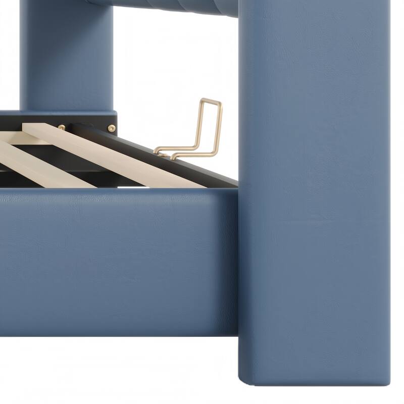 Modern King Size Upholstered Bed Frame with Wingback Headboard and Wavy Footboard, No Spring Box Needed, Antique Blue