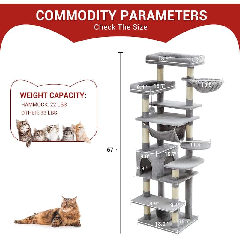 Cat Tree for Large Cats 67 Inches,Multi-Level Cat Tower with Scratching Posts
