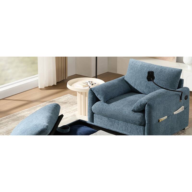 Roomfitters 37" Single Sofa with Storage Ottoman, Chenille Armchair with Phone Holder and Charging Ports, Lounge Chair