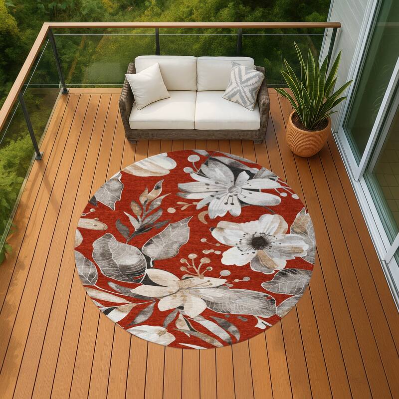 Machine Washable Indoor/ Outdoor Floral Chantille Rug - Red - 8' x 8'