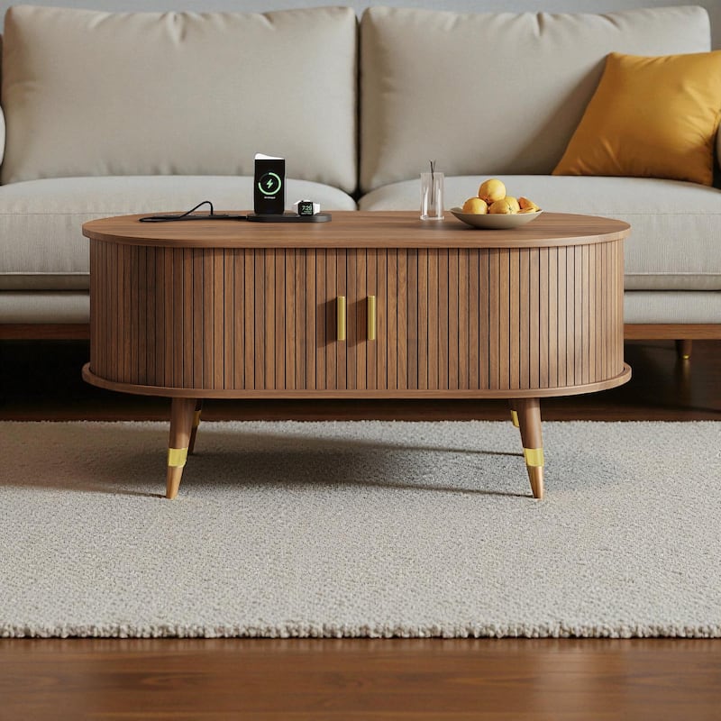 42.5'' Oval Fluted Coffee Table with Charging Station, Mid-Century Tambour Door Center Table with Solid Wood Legs