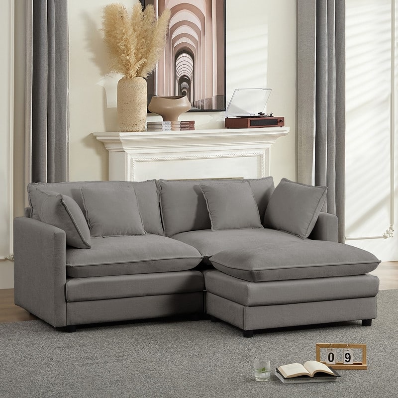 Mixoy 77''L-Shaped Modular Deep Seat Sofa, Modern Chenille Loveseat Cloud Sofa with Ottoman and Thickened Cushions - 2+1 - LIGHT GREY