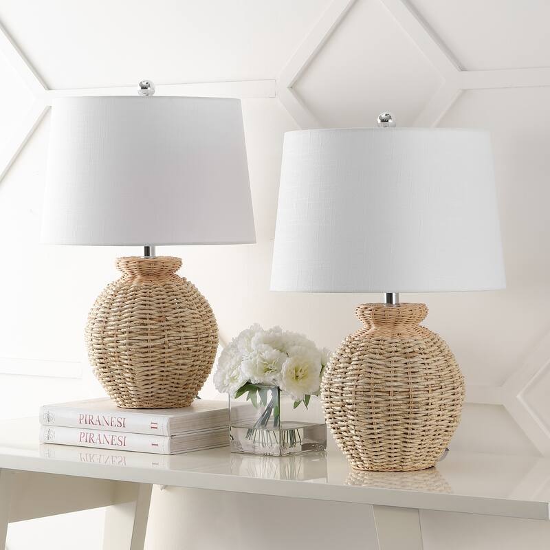 Orion 22" Rustic Coastal Rattan Globe LED Table Lamps, Brown (Set of 2), by JONATHAN Y