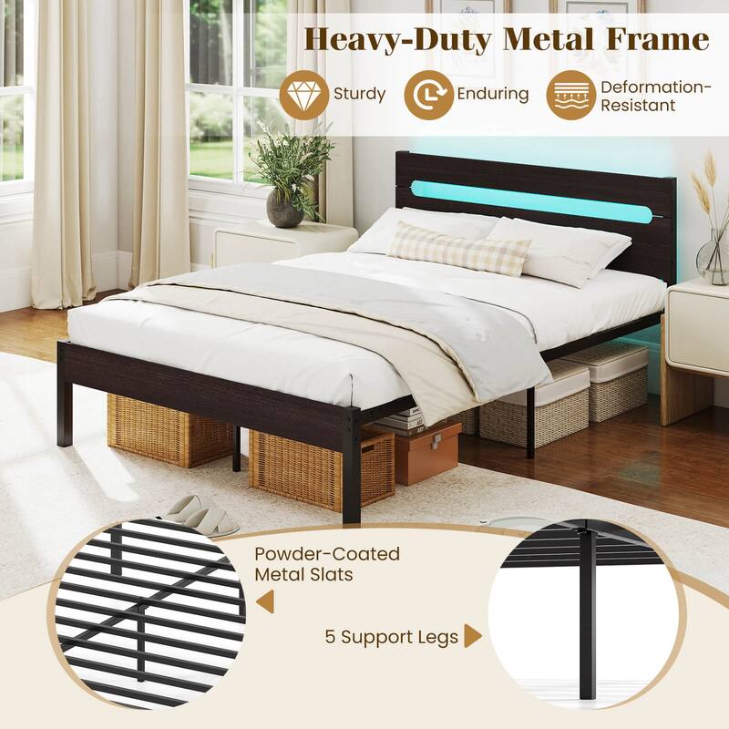Costway Full Size Bed Frame with Built-in Charging Station Sturdy