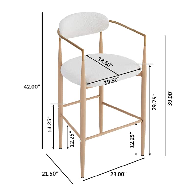 Boucle Fabric Barstools Set of 2 with Arms, Iron Frame Counter Height Chairs with Ergonomic Curved Back and Upholstered Seat
