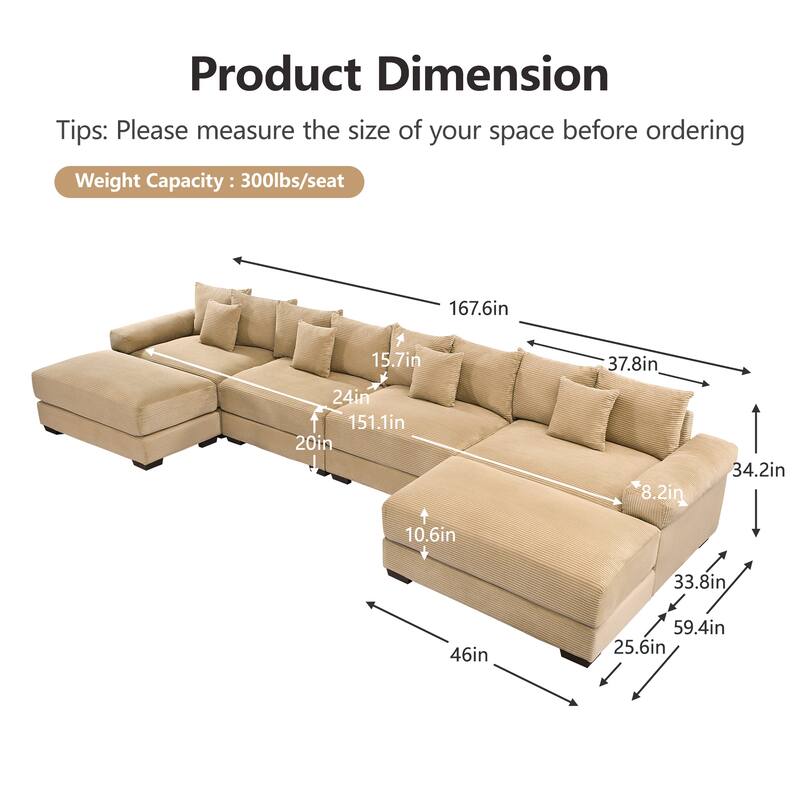 GDFStudio - Corduroy U-Shaped 4-Seater 167.6" Cloud Modular Sectional Couch with 2 Ottomans