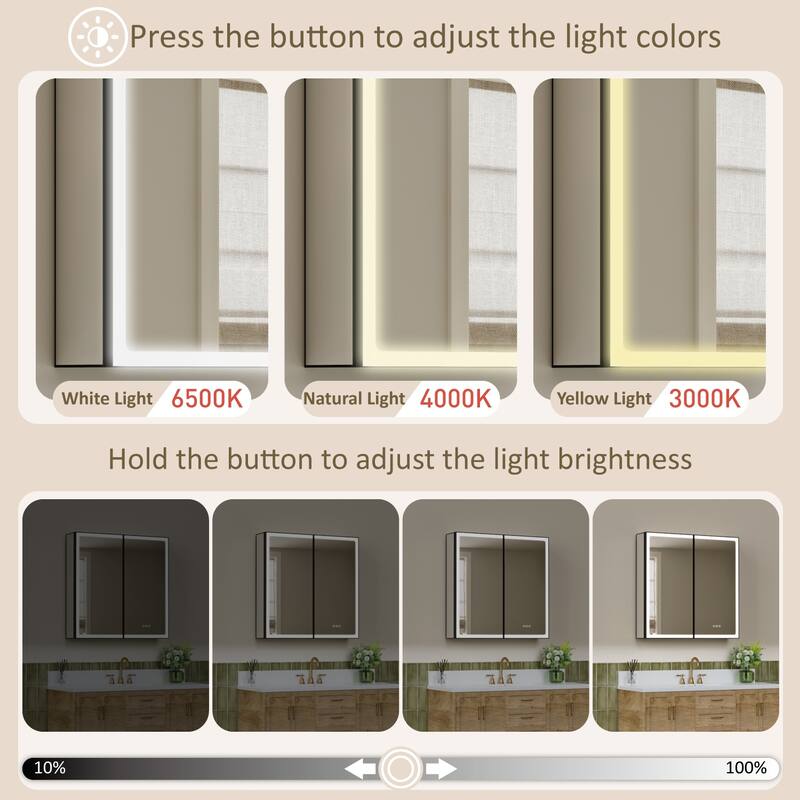 Grand Aluminum Medicine Cabinet with Mirror, Adjustable Shelves, Dimmable Light, Anti-Fog, Recessed or Wall Mount