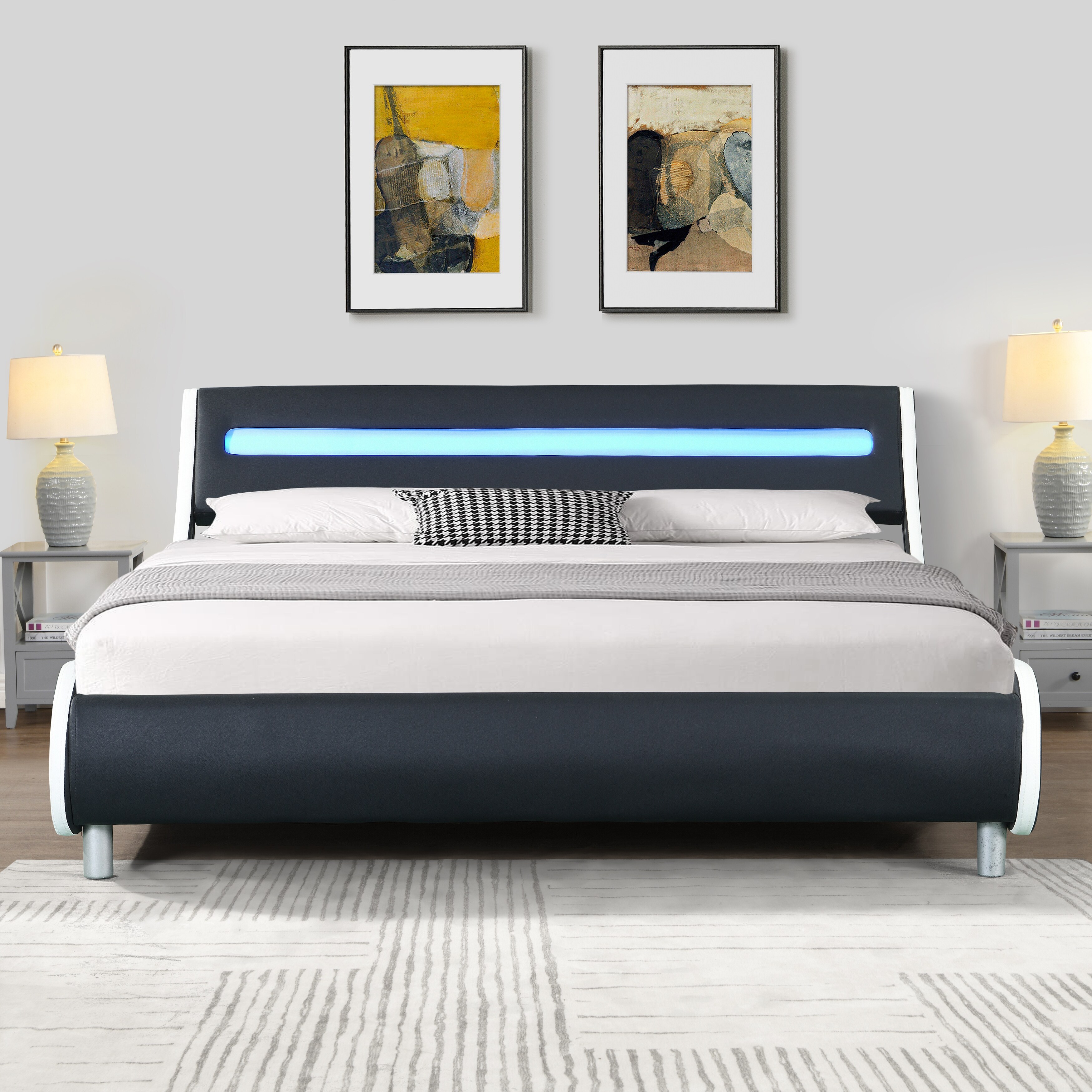 LED Upholstered Platform Bed Frame with Curve Design and Wood Slat