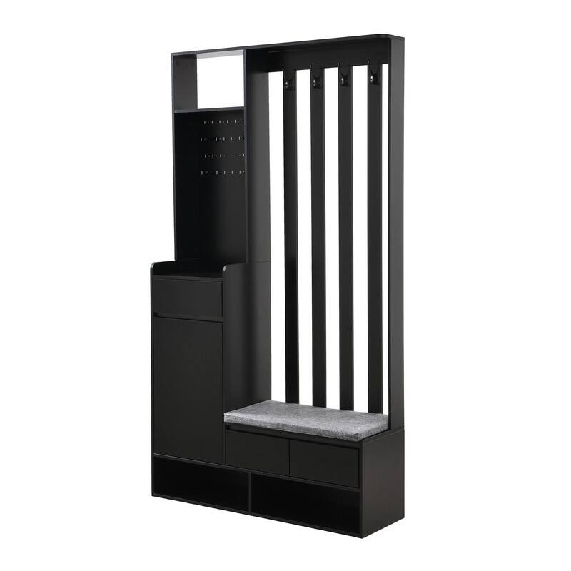 Multifunctional Hall Tree with Shoe Storage Bench, Cabinet & Drawers, Modern Coat Rack with 4 Hooks, Shoe Cabinet with Pegboard