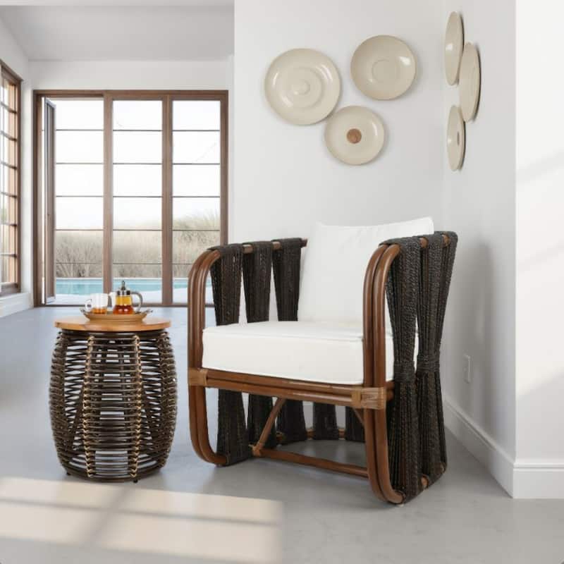 NPD Furniture Iris Round Rattan End Table with Wood Top