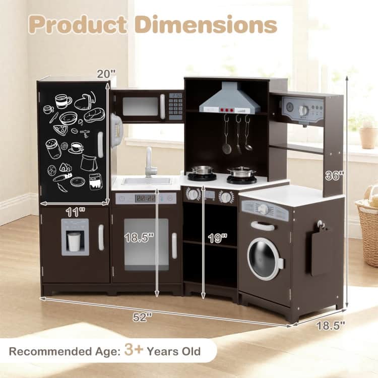 MDF Kids Corner Play Kitchen with Lights, Sounds and Ice Maker - 52" × 18.5" × 36"