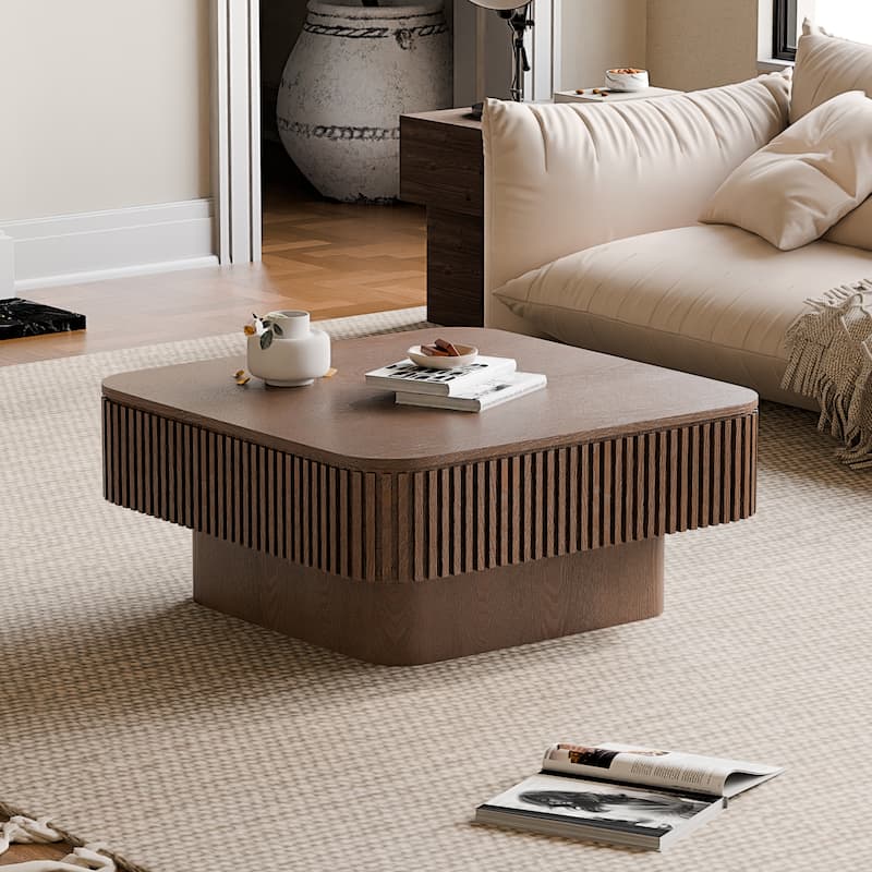 Modern 31.5" Square Coffee Table with Storage Solid Wood Veneered Accent Table for Living Room or Bedroom
